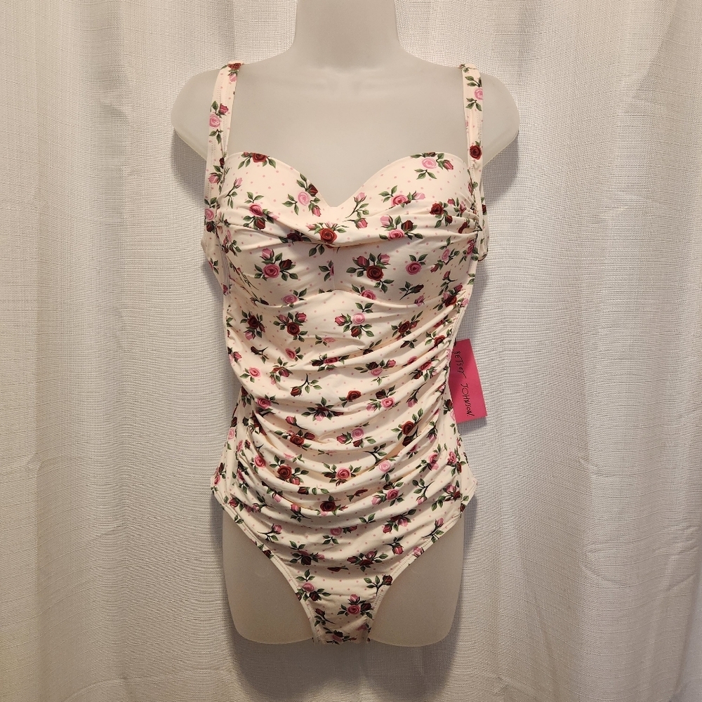 Betsey Johnson Barely There Rose Floral Print One-Piece Swimsuit Size XL Summer - Picture 2 of 7